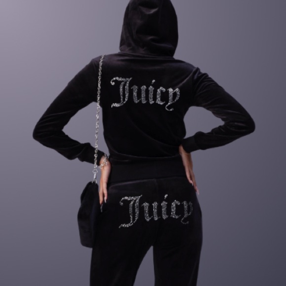 NWT Juicy Couture Rhinestone Bling Velour Black Track Suit Pant Hoodie Set